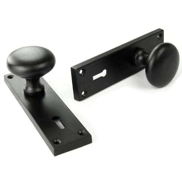 New York Round Door Knobs Handles on Backplate Satin Black