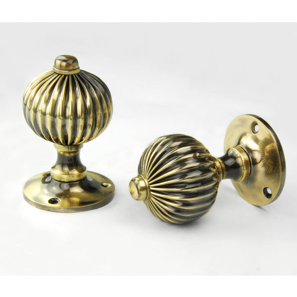 Vintage Regency Style Solid Brass Reeded Round Door Knobs Handles - Antique Brass