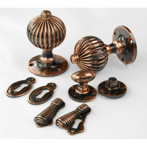 Vintage Regency Style Solid Brass Reeded Round Door Knobs Handles - Antique Nickel
