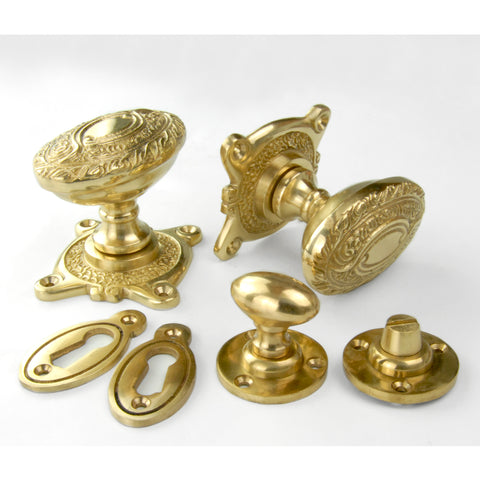 Vintage Period Style Ornate Oval Solid Brass Door Knobs Handles - Polished