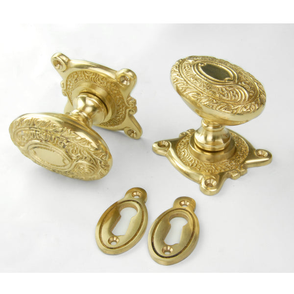 Vintage Period Style Ornate Oval Solid Brass Door Knobs Handles - Polished