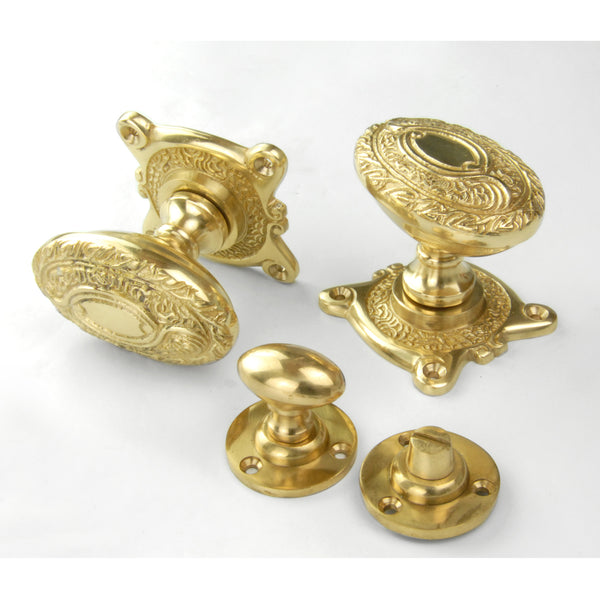 Vintage Period Style Ornate Oval Solid Brass Door Knobs Handles - Polished