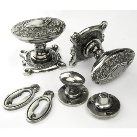 Vintage Period Style Ornate Oval Solid Brass Door Knobs Handles - Antique Nickel