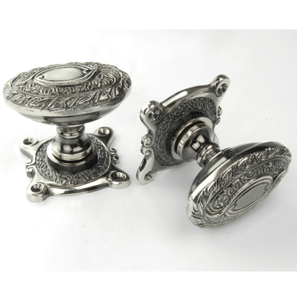 Vintage Period Style Ornate Oval Solid Brass Door Knobs Handles - Antique Nickel