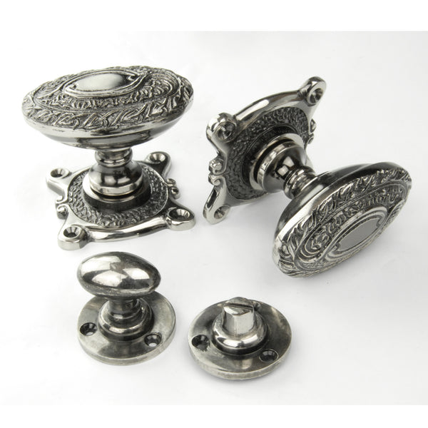 Vintage Period Style Ornate Oval Solid Brass Door Knobs Handles - Antique Nickel