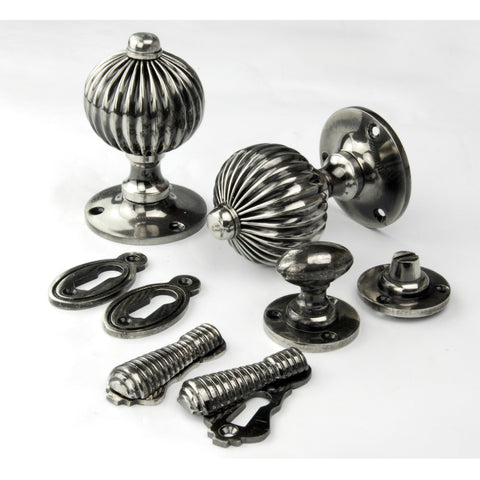 Vintage Regency Style Solid Brass Reeded Round Door Knobs Handles - Antique Nickel