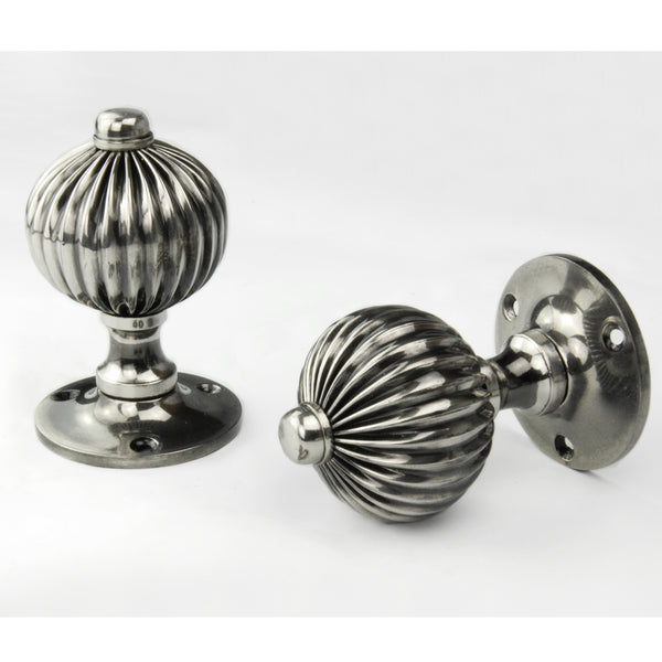 Vintage Regency Style Solid Brass Reeded Round Door Knobs Handles - Antique Nickel