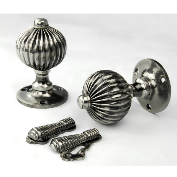 Vintage Regency Style Solid Brass Reeded Round Door Knobs Handles - Antique Nickel