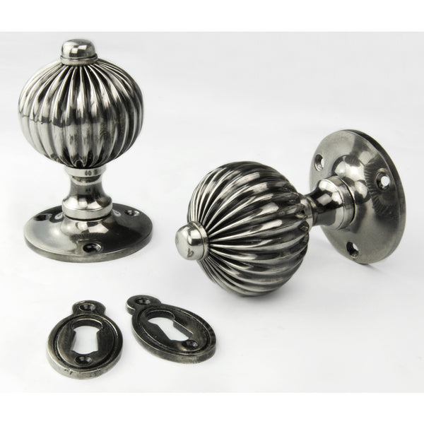 Vintage Regency Style Solid Brass Reeded Round Door Knobs Handles - Antique Nickel