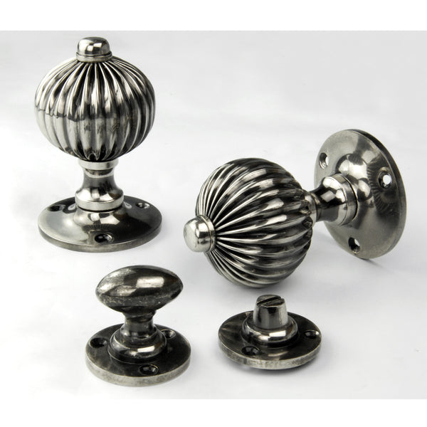 Vintage Regency Style Solid Brass Reeded Round Door Knobs Handles - Antique Nickel