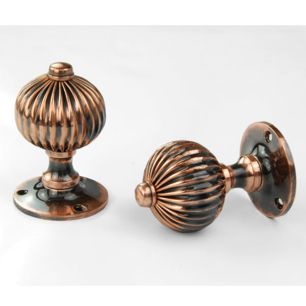 Vintage Regency Style Solid Brass Reeded Round Door Knobs Handles - Antique Copper