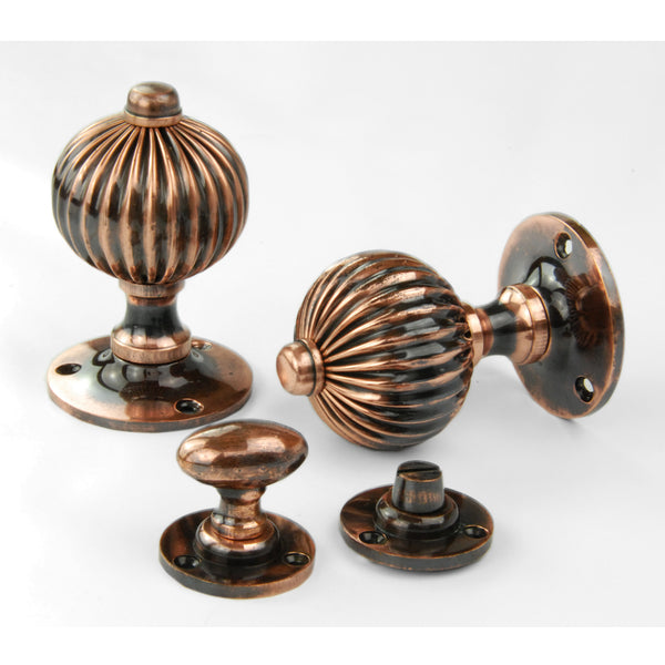 Vintage Regency Style Solid Brass Reeded Round Door Knobs Handles - Antique Copper