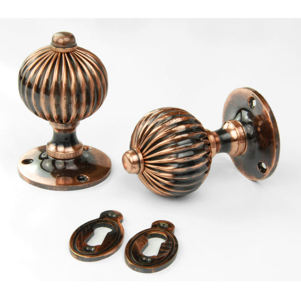 Vintage Regency Style Solid Brass Reeded Round Door Knobs Handles - Antique Copper