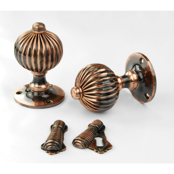 Vintage Regency Style Solid Brass Reeded Round Door Knobs Handles - Antique Copper