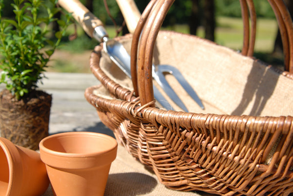 A Set of 2 Brown Wicker Willow Trug Oval Garden Baskets Hessian Lined