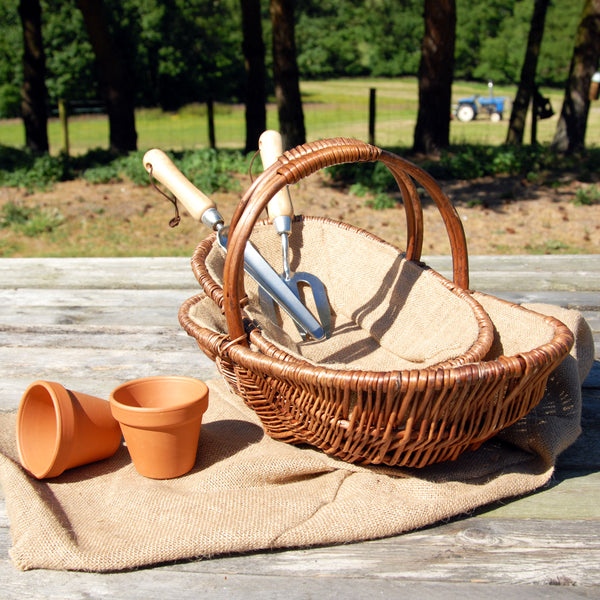 A Set of 2 Brown Wicker Willow Trug Oval Garden Baskets Hessian Lined