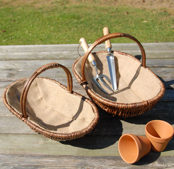 A Set of 2 Brown Wicker Willow Trug Oval Garden Baskets Hessian Lined