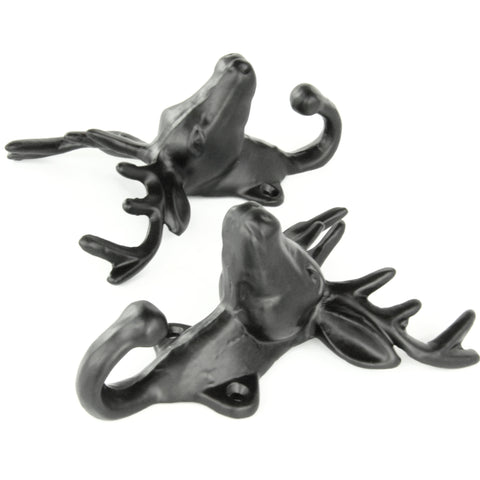 Set of 2 Stags Head Deer Cast Iron Wall Hooks Coat Rack Pegs Black