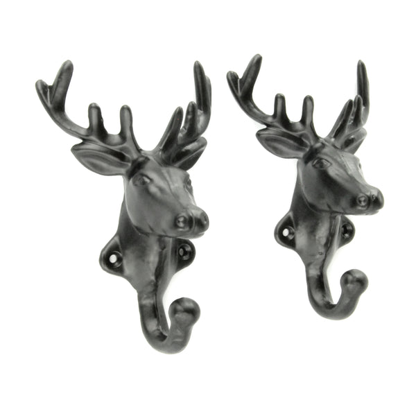 Set of 2 Stags Head Deer Cast Iron Wall Hooks Coat Rack Pegs Black