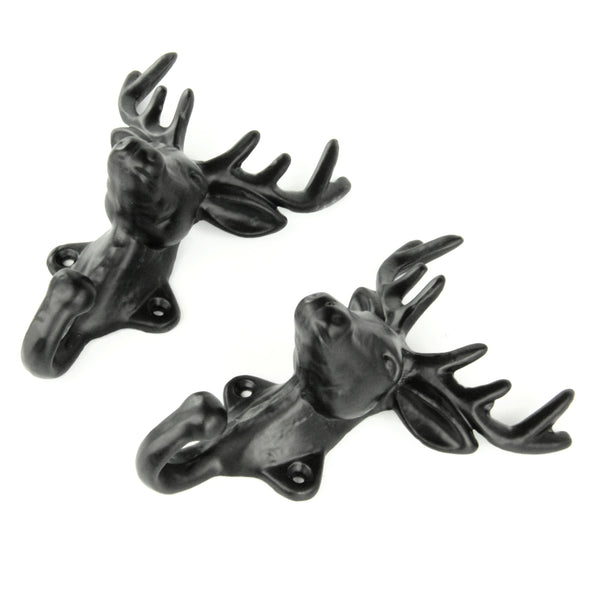 Set of 2 Stags Head Deer Cast Iron Wall Hooks Coat Rack Pegs Black