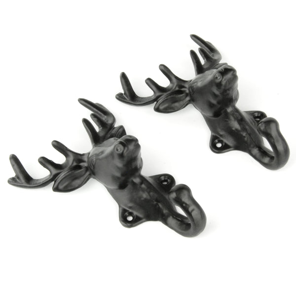 Set of 2 Stags Head Deer Cast Iron Wall Hooks Coat Rack Pegs Black