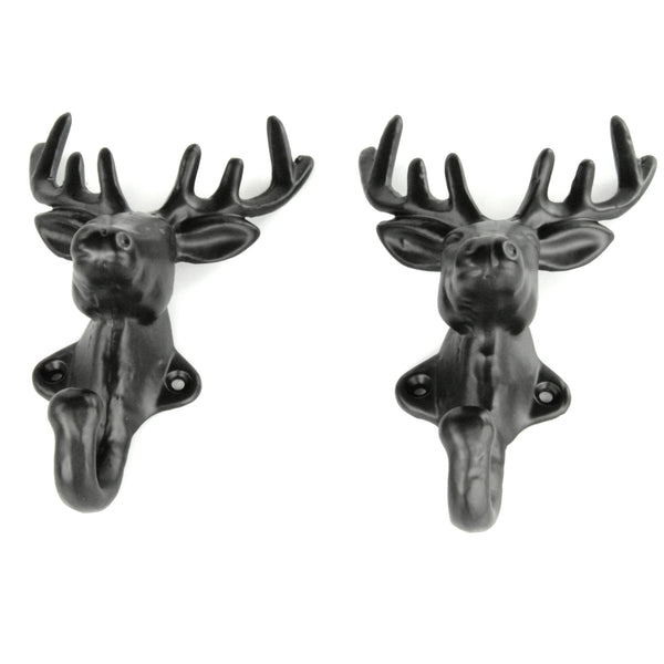 Set of 2 Stags Head Deer Cast Iron Wall Hooks Coat Rack Pegs Black