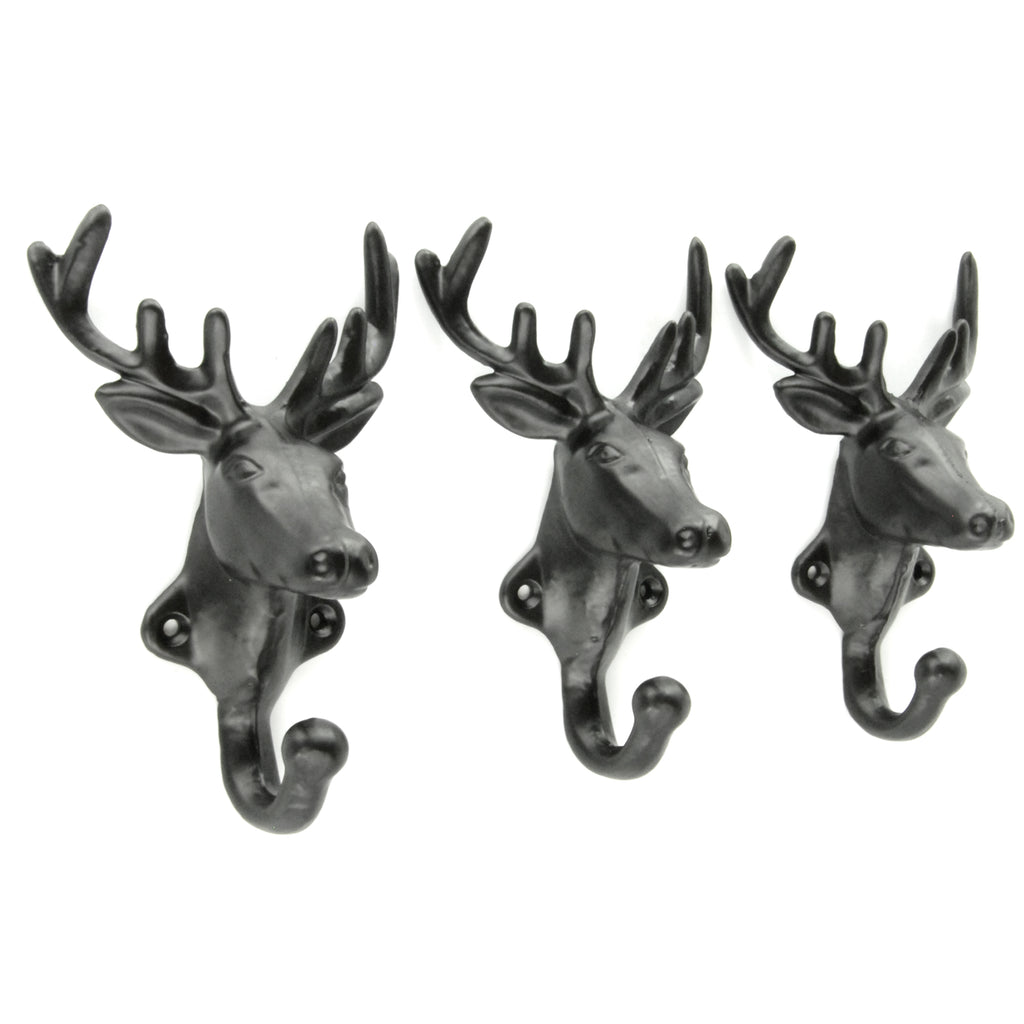 Set of 3 Stags Head Deer Cast Iron Wall Hooks Coat Rack Pegs Black