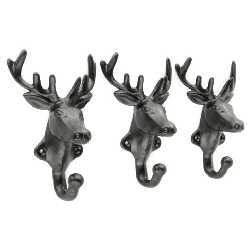 Set of 3 Stags Head Deer Cast Iron Wall Hooks Coat Rack Pegs Black