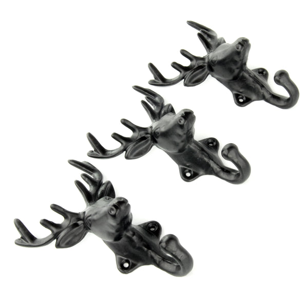 Set of 3 Stags Head Deer Cast Iron Wall Hooks Coat Rack Pegs Black