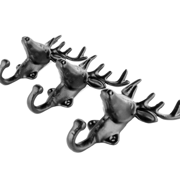 Set of 3 Stags Head Deer Cast Iron Wall Hooks Coat Rack Pegs Black