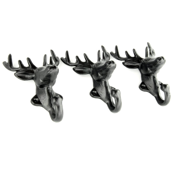 Set of 3 Stags Head Deer Cast Iron Wall Hooks Coat Rack Pegs Black