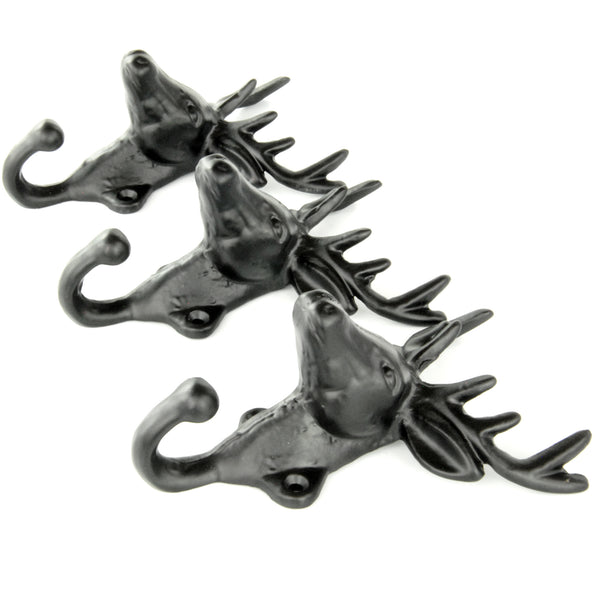 Set of 3 Stags Head Deer Cast Iron Wall Hooks Coat Rack Pegs Black