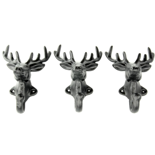 Set of 3 Stags Head Deer Cast Iron Wall Hooks Coat Rack Pegs Black