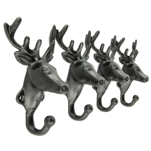 Set of 4 Stags Head Deer Cast Iron Wall Hooks Coat Rack Pegs Black