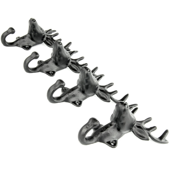 Set of 4 Stags Head Deer Cast Iron Wall Hooks Coat Rack Pegs Black