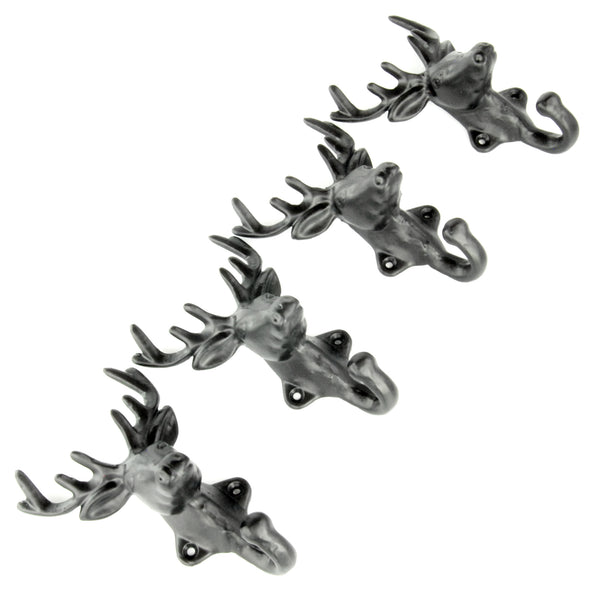 Set of 4 Stags Head Deer Cast Iron Wall Hooks Coat Rack Pegs Black