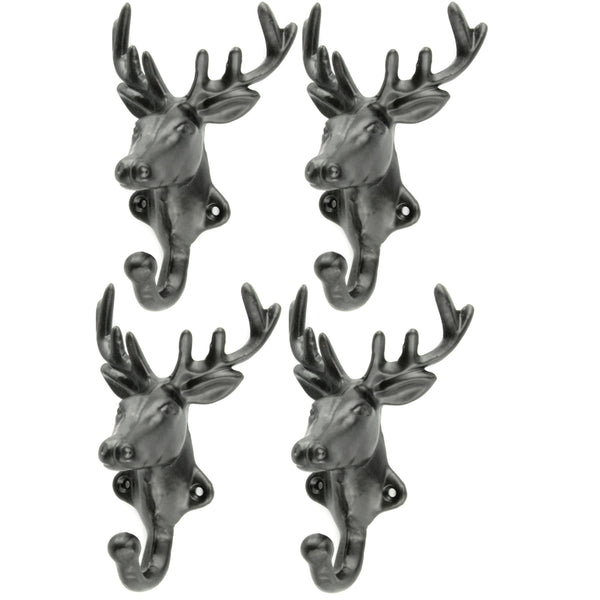 Set of 4 Stags Head Deer Cast Iron Wall Hooks Coat Rack Pegs Black