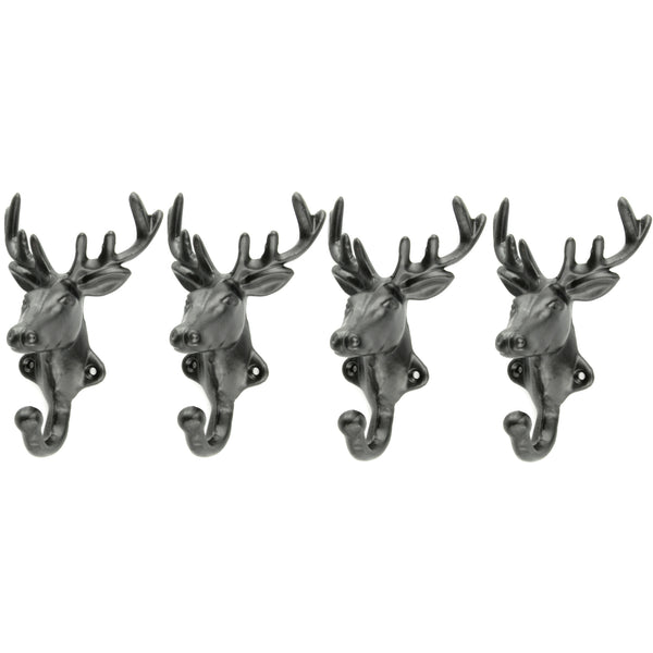 Set of 4 Stags Head Deer Cast Iron Wall Hooks Coat Rack Pegs Black