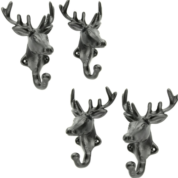 Set of 4 Stags Head Deer Cast Iron Wall Hooks Coat Rack Pegs Black