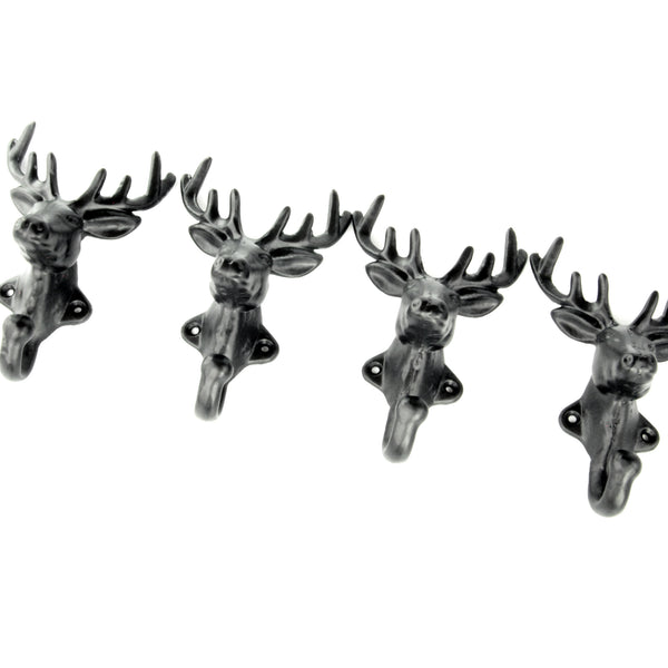Set of 4 Stags Head Deer Cast Iron Wall Hooks Coat Rack Pegs Black