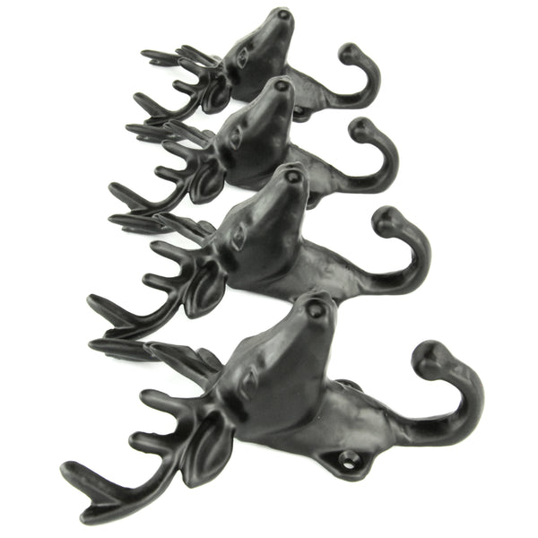 Set of 4 Stags Head Deer Cast Iron Wall Hooks Coat Rack Pegs Black