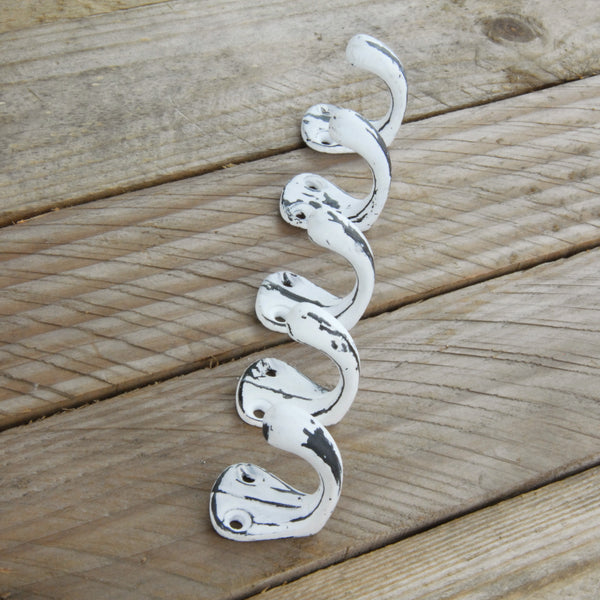 Set of 5 White Distressed Cast Iron Wall Hooks Vintage Coat Rack Cup Hangers