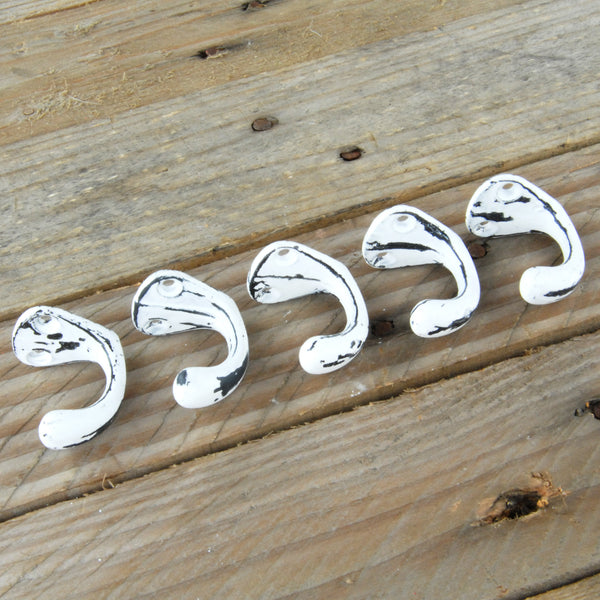 Set of 5 White Distressed Cast Iron Wall Hooks Vintage Coat Rack Cup Hangers