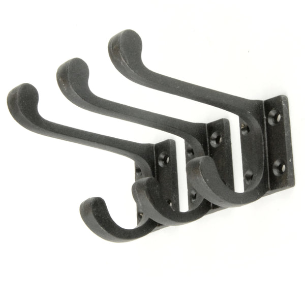 Set of 3 Beeswax Black Vintage Cast Iron Wall Door Hooks Coat Rack