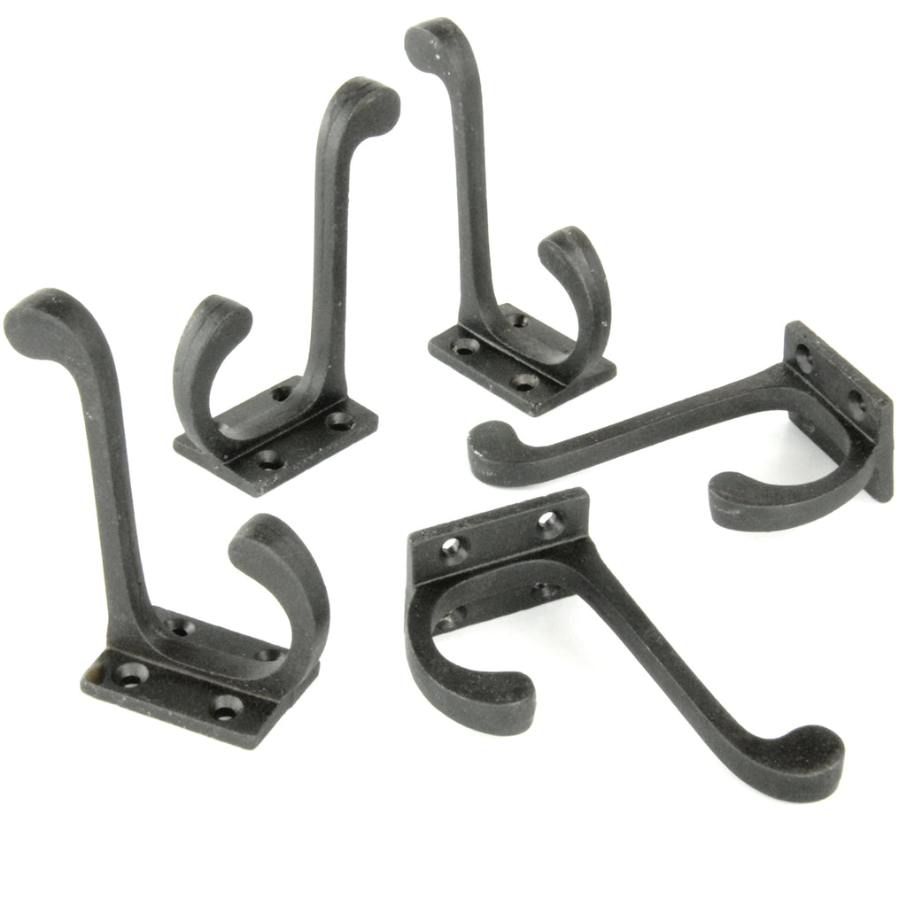 Set of 5 Beeswax Black Vintage Cast Iron Wall Door Hooks Coat Rack
