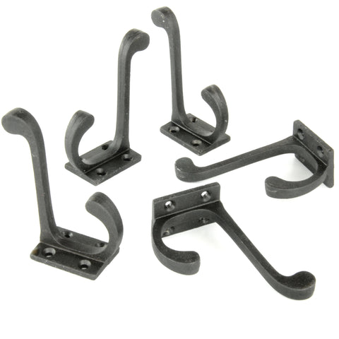 Set of 5 Beeswax Black Vintage Cast Iron Wall Door Hooks Coat Rack
