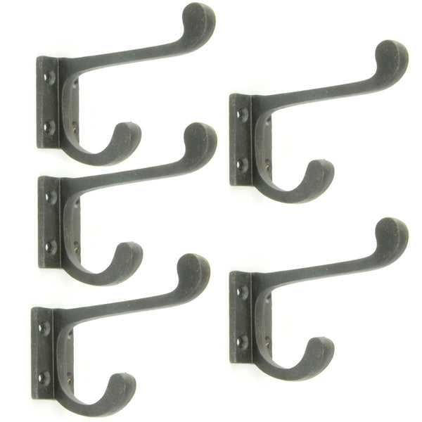 Set of 5 Beeswax Black Vintage Cast Iron Wall Door Hooks Coat Rack