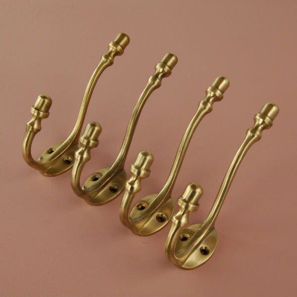 Set of 4 Unlacquered Aged Solid Brass Wall Hooks Door Coat Rack