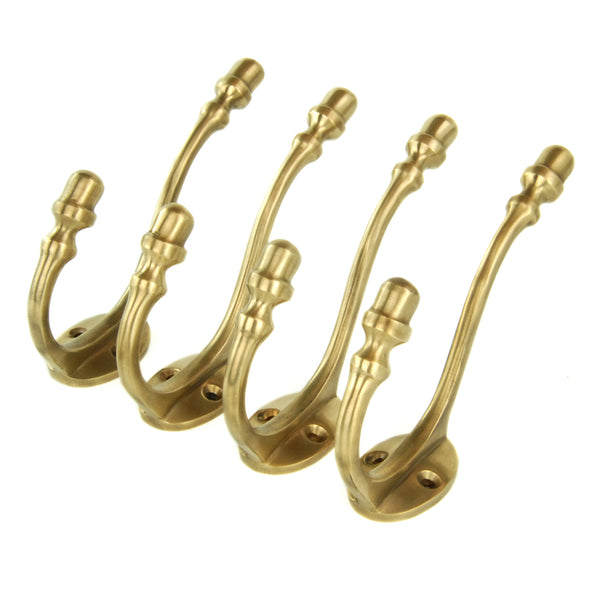 Set of 4 Unlacquered Aged Solid Brass Wall Hooks Door Coat Rack