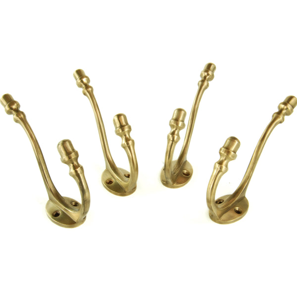 Set of 4 Unlacquered Aged Solid Brass Wall Hooks Door Coat Rack